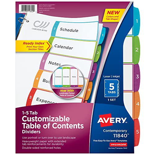 Avery 5-Tab-Trennblätter für 3 Ringbücher, anpassbare Inhaltsverzeichnisse, mehrfarbige Tabs, 1 Set (11840) von Avery