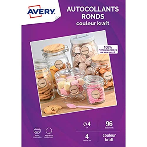 Avery 96 runde Aufkleber aus Kraftpapier, 100% recycelt, personalisierbar, bedruckbar, Durchmesser 40 mm, Laserdrucker/Tintenstrahldrucker, von Avery