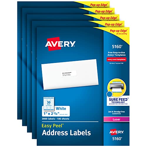 Avery Adress-Etiketten mit sicherem Zufuhr für Laserdrucker, 1 Zoll x 2-5/8 Zoll, 15.000 Etiketten – ideal für FBA Etiketten (5 Packungen 5160) von Avery