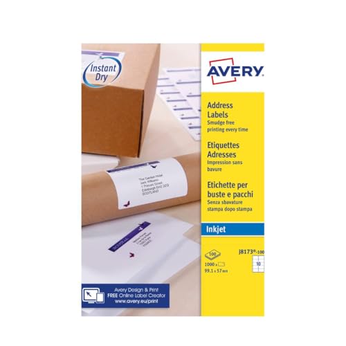 Avery Adressetiketten für Tintenstrahldrucker schnell trocknend 10 Stück pro Blatt 99,1 x 57,0 mm 1000 Etiketten weiß von Avery