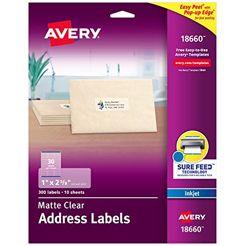 Avery Bedruckbare Adress-Etiketten mit sicherem Einzug, 2,5 x 7,1 cm, matt, transparent, 300 leere Versand-Etiketten (18660) von Avery