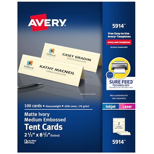 Avery Bedruckbare Zeltkarten mit Sure Feed Technologie, 6,3 x 21,6 cm, elfenbeinfarben mit geprägtem Rand, 100 leere Tischkarten für Laser- oder Tintenstrahldrucker (05914) von Avery