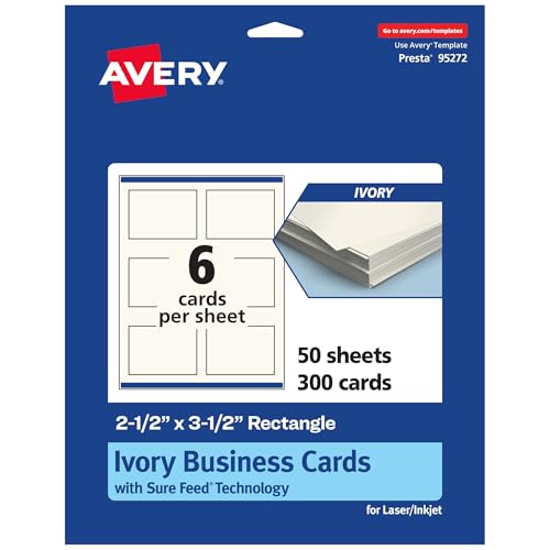 Avery Bedruckbare rechteckige Visitenkarten mit Sure-Feed-Technologie, 6,3 x 8,9 cm, elfenbeinfarbener Karton, bedruckbar, Laser-/Tintenstrahlkarten, insgesamt 300 Stück von Avery