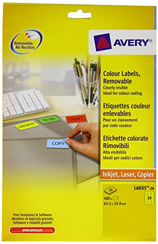 Avery Farbige Etiketten, Gelb, 20 Blatt, 24 Etiketten pro Blatt von Avery