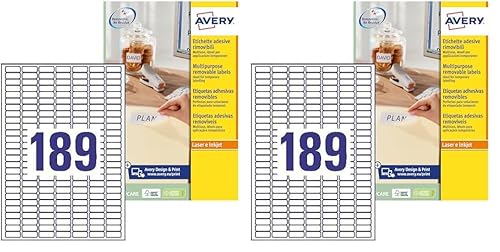 Avery L4731REV-25 Ablösbare Mini-Laseretiketten (189 pro Blatt, 25,4 x 10 mm) 4725 Etiketten weiß (Packung mit 2) von Avery