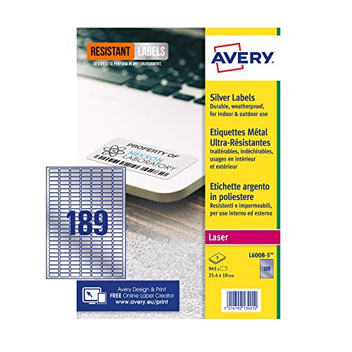Avery L6008-5 Etiketten, A4, 25 x 10 mm, 945 Etiketten, silberfarben Avery L6008-5 Etiketten, A4, 25 x 10 mm, 945 Etiketten, silberfarben von Avery