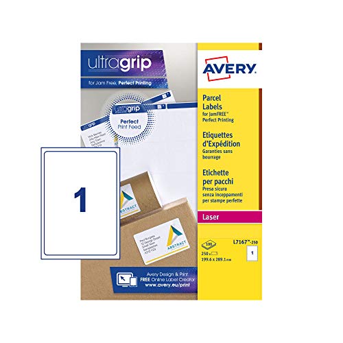 Avery L7167-250 Laser-Etiketten ohne Papierstau 1 Etikette pro Blatt 199,6 x 289,1 mm 250 Stück weiß von Avery