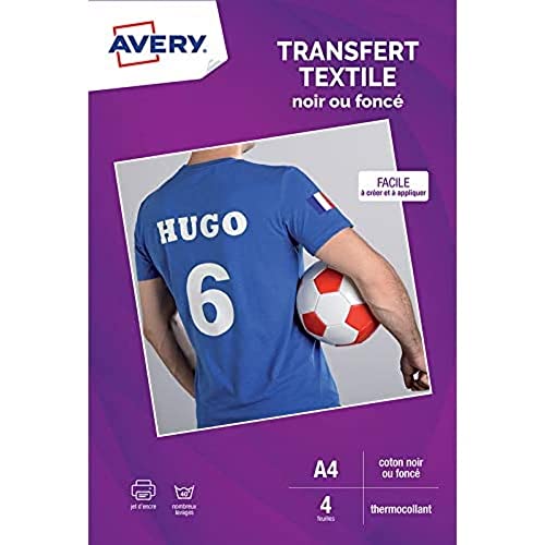 Avery Transferpapier, personalisierbar, für schwarze oder dunkle Textilien, A4, Tintenstrahldruck, Packung mit 4 Bögen von Avery