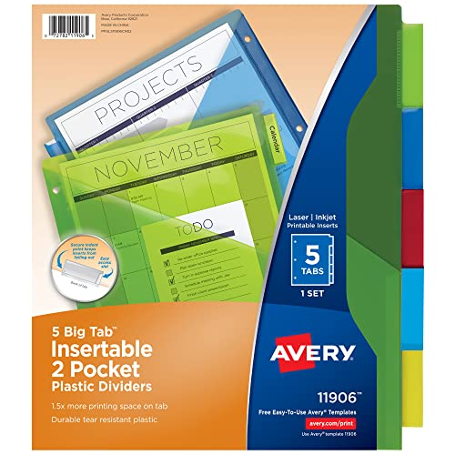 Avery Trennblätter für 3-Ringordner, 5-Tab-Sets, 2-Pocket-Kunststoff-Binder-Trennblätter mit Tabs, mehrfarbig, 1 Set (11906) von Avery