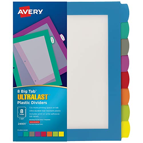 Avery Ultralast Big Tab Kunststoff-Trennblätter für 3-Ringordner, 8-Tab-Set, mehrfarbig mit weißen Etiketten, 1 Set (24901) von Avery