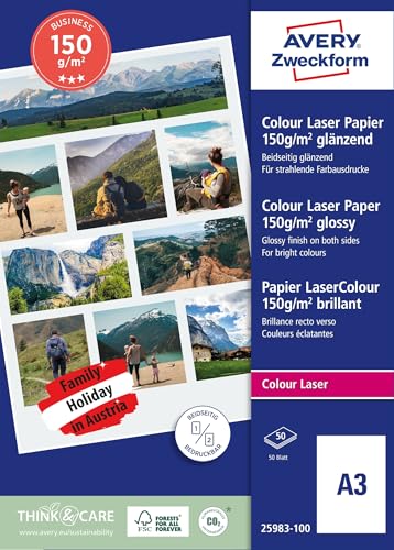 Avery Zweckform Art. 25983-100 Business Colour Laser Papier (50 Blatt, 150 g/m², DIN A3, glänzendes Druckerpapier, beidseitig beschichtet, wischfest, Flyerpapier für Laser-Drucker & Kopierer) weiß von Avery