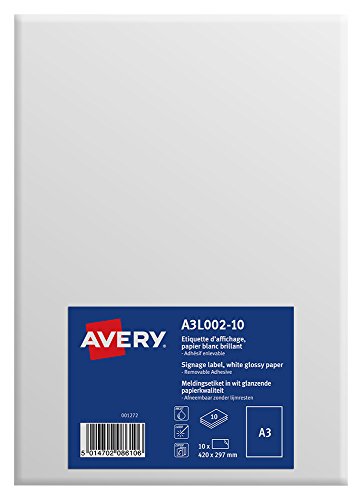 Avery a3l002 – 10 Pack DE 10 Etiketten D Anzeige abnehmbarer A3 420 x 297 mm weiß glänzend von Avery