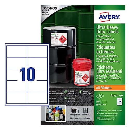 Avery b7173–50 A4 Ultra robuste Wasserdicht GHS Etiketten, bs5609 zertifiziert, für alle Drucker, 57 x 99 mm – weiß von Avery