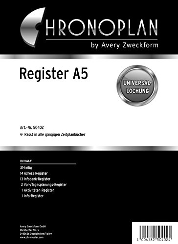 Chronoplan 50402 Register für A5-Terminplaner (165x210 mm, 31-teilig: 14 Adress-Register, 13 Infobank-Register, 2 Tagesplan-Register, 1 Aktivitäten-Register und 1 Info-Register, für viele Organizer) von Avery