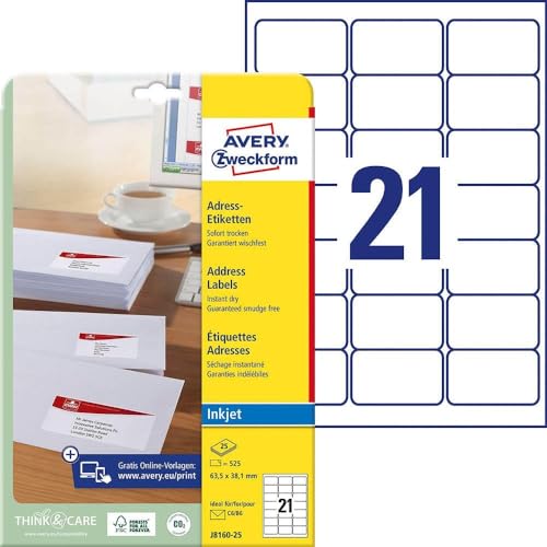 Weiße QuickDry Etiketten für Avery Adressen, 63,5 x 38,1 mm, 21 et/ff - J8160-25 (25), Code J8160-25 von Avery