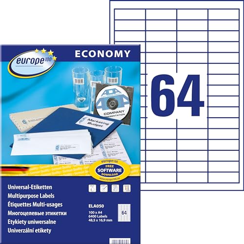 europe100 ELA050 Universal Etiketten (6.400 Klebeetiketten, Format 48,5x16,9 mm auf DIN A4, selbstklebende Universaletiketten, bedruckbare Aufkleber) 100 Blatt, weiß von Avery