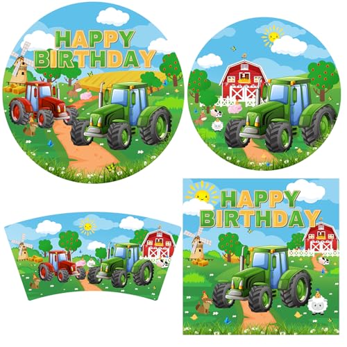 Avezano 192 Stück Traktor Geburtstag Dekorationen Bauernhof Geburtstag Dekorationen für Kinder Traktor Geburtstag Teller Servietten Geschirr Set für 24 von Avezano