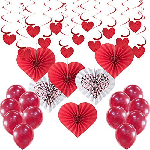 Aviski 33 Stück Big Valentinstag Dekorationsset - Liebe Herzform Hängende Spiral Girlanden, Liebe Herzform Faltfächer, Rote Luftballons für Hochzeit Valentinstag Party Dekoration Verwendet von Aviski