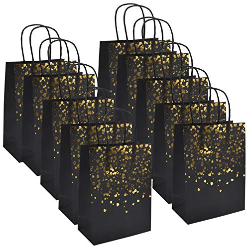 AvoDovA 12Stk Geschenktüten aus Kraftpapier, Papiertüten mit Henkel, Geschenktüten, Bronzing Kraft Tasche mit Gold Herz Verzierung, Party Geschenk Papiertüten für Hochzeit Geburtstag Party(Schwarz) von AvoDovA