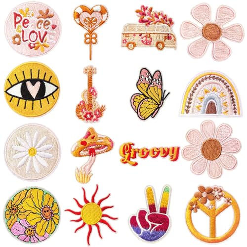 Aweisile Flicken zum Aufbügeln 16 Stück Hippie Aufnäher Aufbügeln Applikation Aufbügelflicken DIY Bestickte Patches Patches zum Aufbügeln für DIY Bestickte DIY Accessories für DIY Kleidung von Aweisile