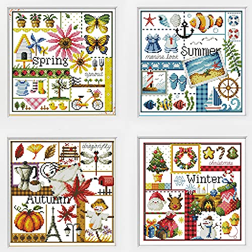 4 Packung Awesocrafts Kreuzstich-Set, Vier Jahreszeiten: Frühling, Sommer, Herbst und Winter, einfaches Muster, Kreuzstich-Stickset, Vorrät, gestempelt (vier Jahreszeiten, Vorgedruckt) von Awesocrafts