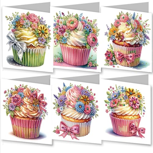 Awesocrafts 6 Stück Diamantkunst Weihnachtskarten-Kit Blume Cupcake, Diamant-Gemälde-Karten-Set, 5D Kristall Kunstkarte mit Umschlag, Postkarte für handgefertigte, Weihnachten 30 x 15 cm (Cupcake) von Awesocrafts