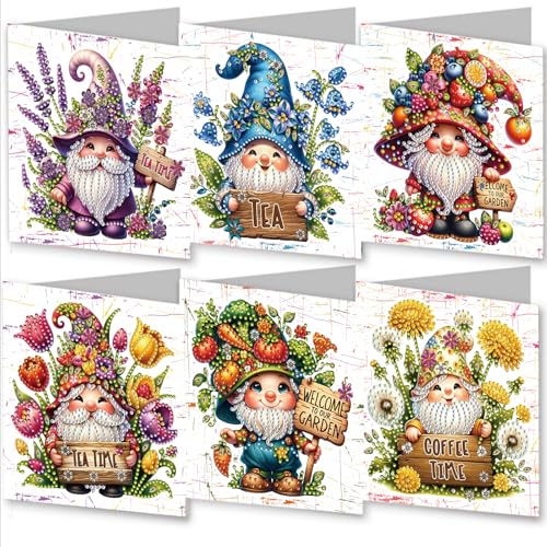 Awesocrafts 6 x Diamant-Kunst-Weihnachtskarten-Kits, Zwerg Blumenzwerg, DIY-Diamant-Malkarten-Sets, 5D-Diamant-Kunstkarten mit Umschlägen, Postkarten für Handarbeit, Weihnachten, 30 x 15 cm von Awesocrafts