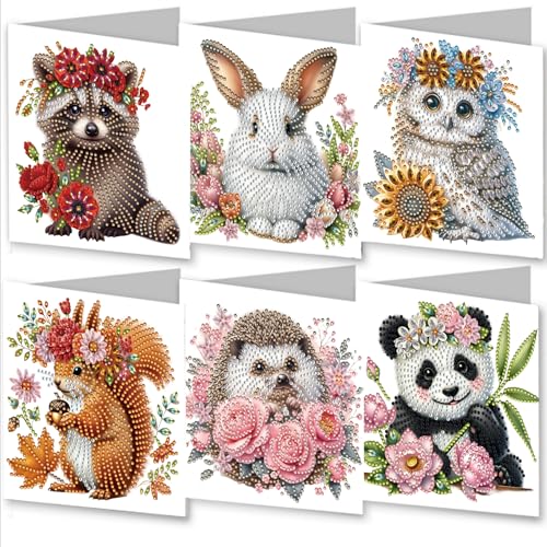 Awesocrafts 6pcs Diamond Art Weihnachtskarten-Kits, Kaninchen, Eule, Eichhörnchen, Panda, DIY Diamant-Malkarten-Sets, 5D-Diamant-Kunstkarten mit Umschlägen, Postkarten für Handarbeit, Weihnachten, 30 von Awesocrafts