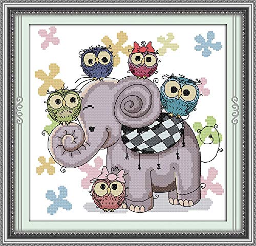 Awesocrafts Kreuzstich Stickpackungen, Elefant und Eule Bilder Vorlagen Stickerei Set Vorgedruckt von Awesocrafts