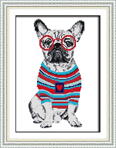 Awesocrafts Kreuzstich Stickpackungen, Französische Bulldogge Hunde Tiere Brille Bilder Vorlagen Stickerei Set Zählmuster von Awesocrafts