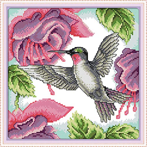 Awesocrafts Kreuzstich Stickpackungen, Kolibris Vogel Blumen Rot Bilder Vorlagen Stickerei Set Vorgedruckt von Awesocrafts