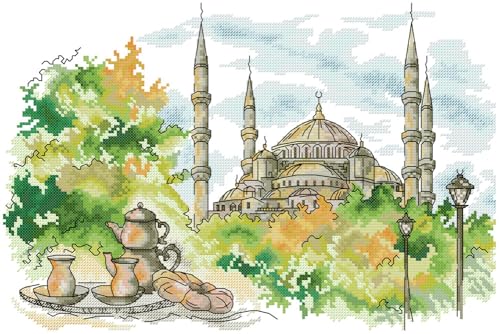 Awesocrafts Kreuzstich Stickpackungen Vorgedruckt Blaue Moschee von Istanbul Bilder Vorlagen Sticken Set Vorgedruckt 11CT 3 Stränge von Awesocrafts