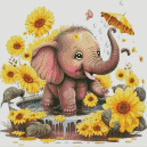 Awesocrafts Kreuzstich Stickpackungen Vorgedruckt Kalb Elefant Blume Bilder Vorlagen Sticken Set Vorgedruckt 11CT 3 Stränge von Awesocrafts