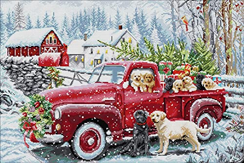 Awesocrafts Kreuzstich Stickpackungen Vorgedruckt Weihnachten Lieferwagen Hunde Bilder Vorlagen Sticken Set Vorgedruckt 14CT 2 Stränge von Awesocrafts