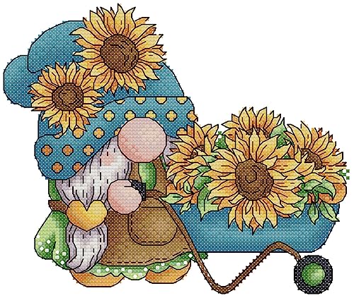 Awesocrafts Kreuzstich Stickpackungen Vorgedruckt Zwerg mit Sonnenblumen Bilder Vorlagen Sticken Set Vorgedruckt 11CT 3 Stränge von Awesocrafts