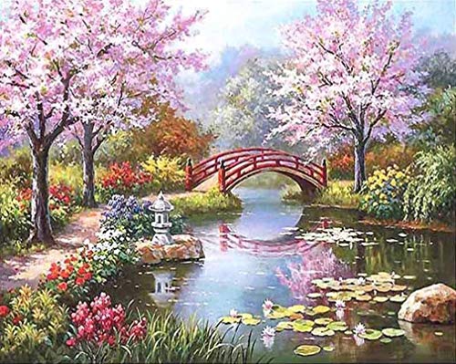 Awesocrafts Malen nach Zahlen Japan Garten, Kirsche Blühen Bäume Brücke See 40x50cm DIY Ölgemälde für Erwachsene Kinder (ohne Rahmen) von Awesocrafts