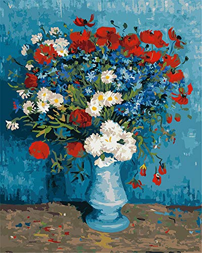 Awesocrafts Malen nach Zahlen-Set, Kornblumen und Mohnblumen von Van Gogh, Zahlengemälde für Erwachsene und Kinder, 40x 50 cm, (Blumen, gerahmt) von Awesocrafts