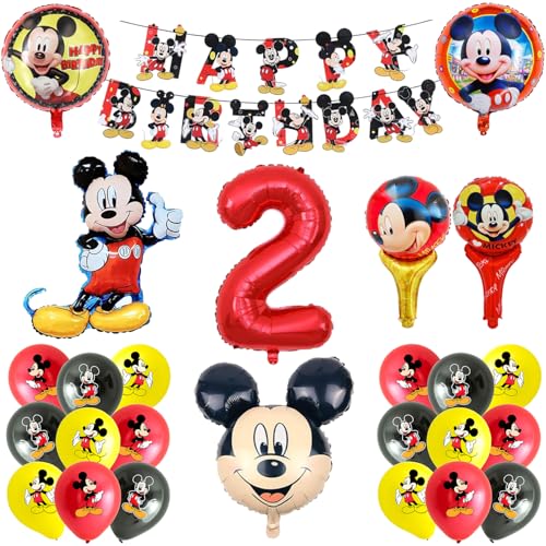 Awonlate Cartoon Maus Kindergeburtstag Ballons, 24 Stück Geburtstag Deko 2 Jahre, Folienballon Set mit Happy Birthday Banner für Kindergeburtstag Deko 2. Geburtstag von Awonlate