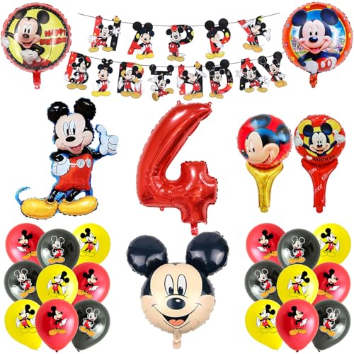 Awonlate Geburtstag Deko 4 Jahre Folienballon Set, 24 Stück Cartoon Maus Kindergeburtstag Ballons mit Happy Birthday Banner für Kindergeburtstag Deko 4. Geburtstag von Awonlate