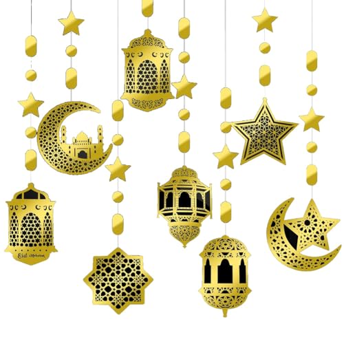 Axaooqeld 24-Teiliges Partybanner mit Islamischem Stern, Mond, Laterne, Ramadan-Girlande, Eid-Dekoration, Wimpelkette Ramadan Mubarak, in Gold von Axaooqeld