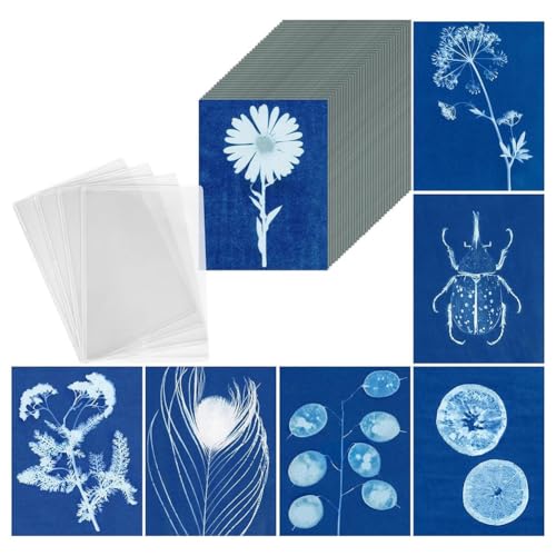 Axaooqeld Sun Print Paper Kit, 100 Blatt Cyanotypie-Papier mit 4 Blatt Acrylplatte, A5 Sun Art Papier, Solar Printing Art Papier von Axaooqeld