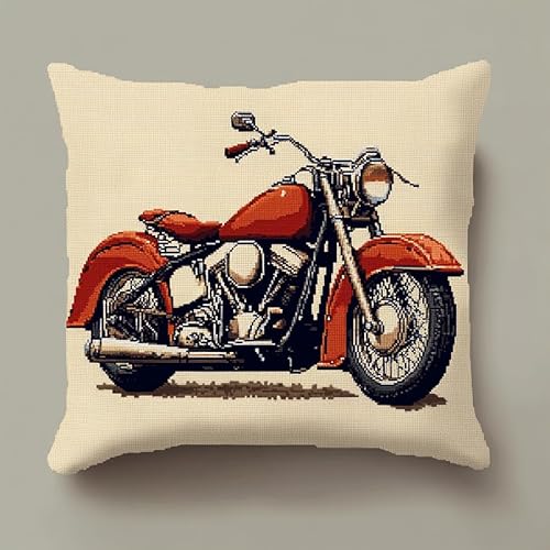 AxiangziK Auto Kreuzstich Kissen Set Vorgedruckt,Retro-Motorrad,Handstickerei Nähkissenbezug Kreuzstich Kissen zum Basteln Stickkissen Stickpackung,18x18in von AxiangziK