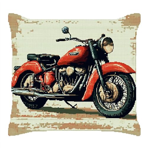 AxiangziK Auto Kreuzstichkissen Set,Retro-Motorrad,Kissenbezug Zum Sticken Kreuzstich Stickkissen mit Muster,11CT Stickset Kreuzstich Kissen,18x18in von AxiangziK