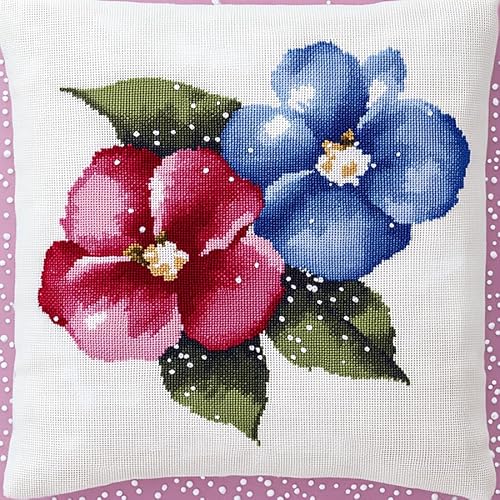 AxiangziK Blumen 11CT Kreuzstich Kissen Set,blaue und rosa Blüten,Stickkissen zum Selbersticken Kreuzstich Kissen zum Basteln Stickkissen mit Vorgedruckt Kreuzstichmotiv,18x18in von AxiangziK