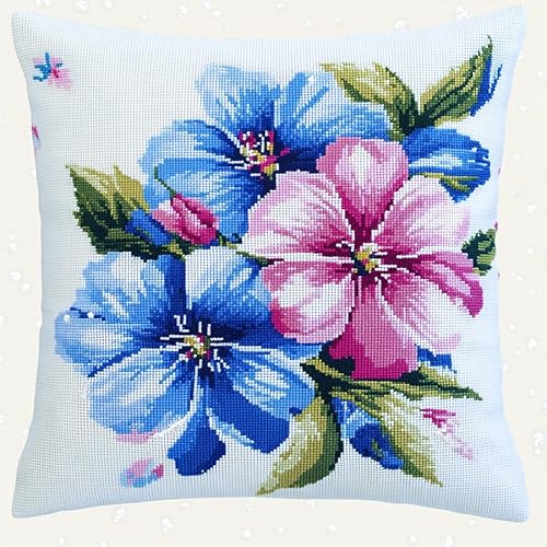 AxiangziK Blumen Kreuzstich Kissen Set Vorgedruckt,blaue und rosa Blüten,Handstickerei Nähkissenbezug Kreuzstich Kissen zum Basteln Stickkissen Stickpackung,45x45cm von AxiangziK