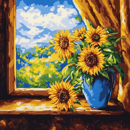 AxiangziK Blumen Kreuzstich Set Vorgedruckt,Sonnenblumenvase auf der Fensterbank,Gobelin Stickbilder Kreuzstich Kissen Set Stickkissen Kreuzstichkissen/Stickkissen-Set,45x45cm von AxiangziK