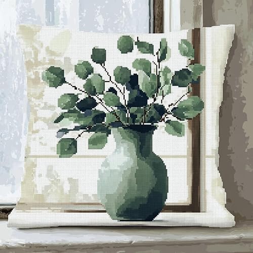 AxiangziK Blumen Kreuzstich Set Vorgedruckt,Vase mit Eukalyptusblättern auf der Fensterbank,Gobelin Stickbilder Kreuzstich Kissen Set Stickkissen Kreuzstichkissen/Stickkissen-Set,45x45cm von AxiangziK