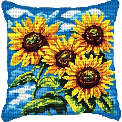 AxiangziK Blumen Stickset,Kissenbezug,Kreuzstich Kissen,Sonnenblume,Stickkissen mit Muster Stickset Kreuzstich Kissen zum Basteln Stickkissen Stickpackung,18x18in von AxiangziK