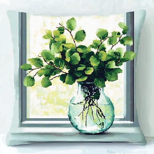 AxiangziK Blumen Stickset Kreuzstich Kissen Set Vorgedruckt,Vase mit Eukalyptusblättern auf der Fensterbank,Stickset Anfänger Bastelsets für Erwachsene,Stickkissen,Handstickerei-DIY,18x18in von AxiangziK