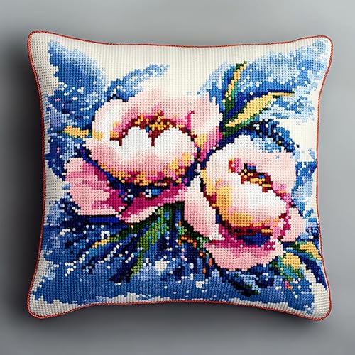 AxiangziK Blumen kreuzstich kissen set vorgedruckt,blaue und rosa Blüten,Stickset 11CT Kreuzstich Kissen zum Basteln Stickkissen Stickpackung,45x45cm von AxiangziK